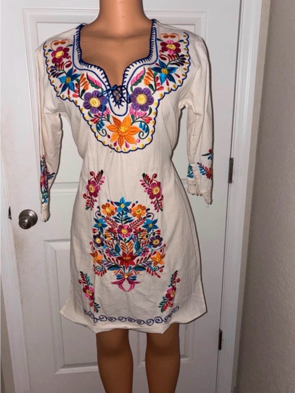 Cream Embroidered Mini Dress with Multicolor Floral Motifs